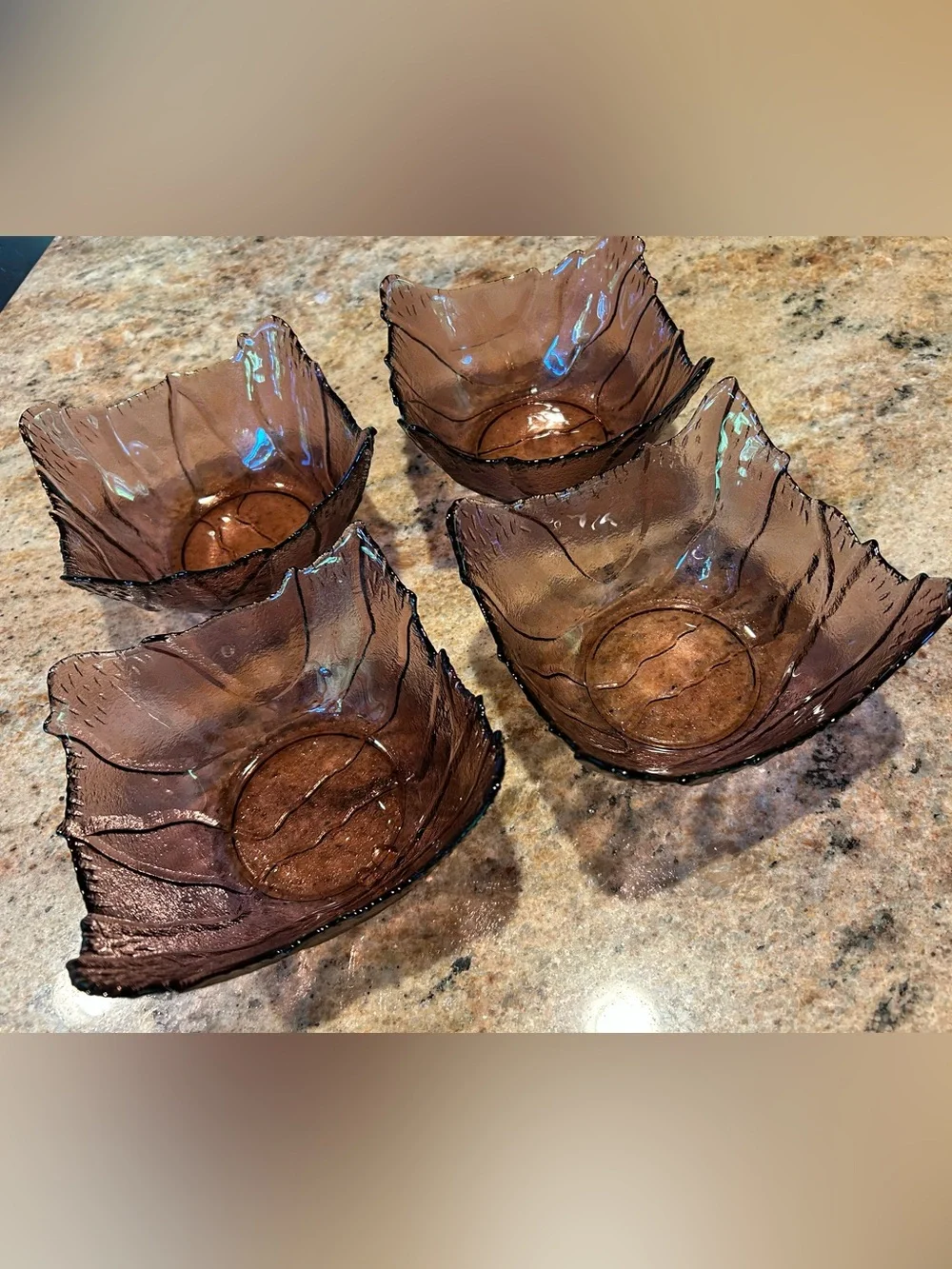 Arcoroc France (4) Set Amethyst Glass Cabbage/Sculpted Leaf Bowls 5.5”x3.5”